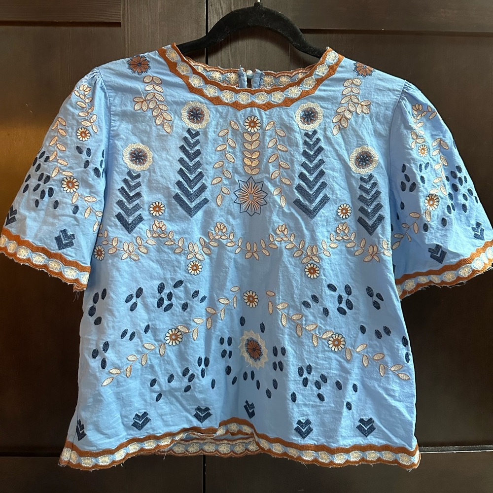 Embroidered Blue Floral Women's Top